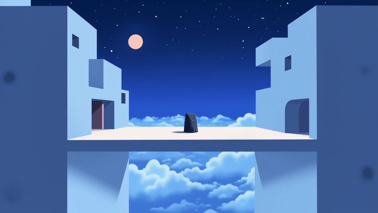 a monumental brutalist structure made of clean, white, polished concrete suspended in a deep, vibrant indigo twilight sky, soft diffused lighting, elegant geometric forms, a single, perfectly balanced, dark stone monolith floating in the center, fine
