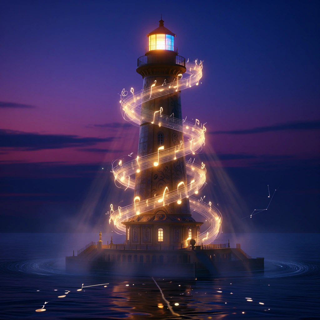 A magnificent lighthouse constructed entirely from swirling musical notes and shimmering sheet music, towering majestically against a twilight sky, musical staffs spiraling around the structure like DNA helices, glowing golden and silver musical symb