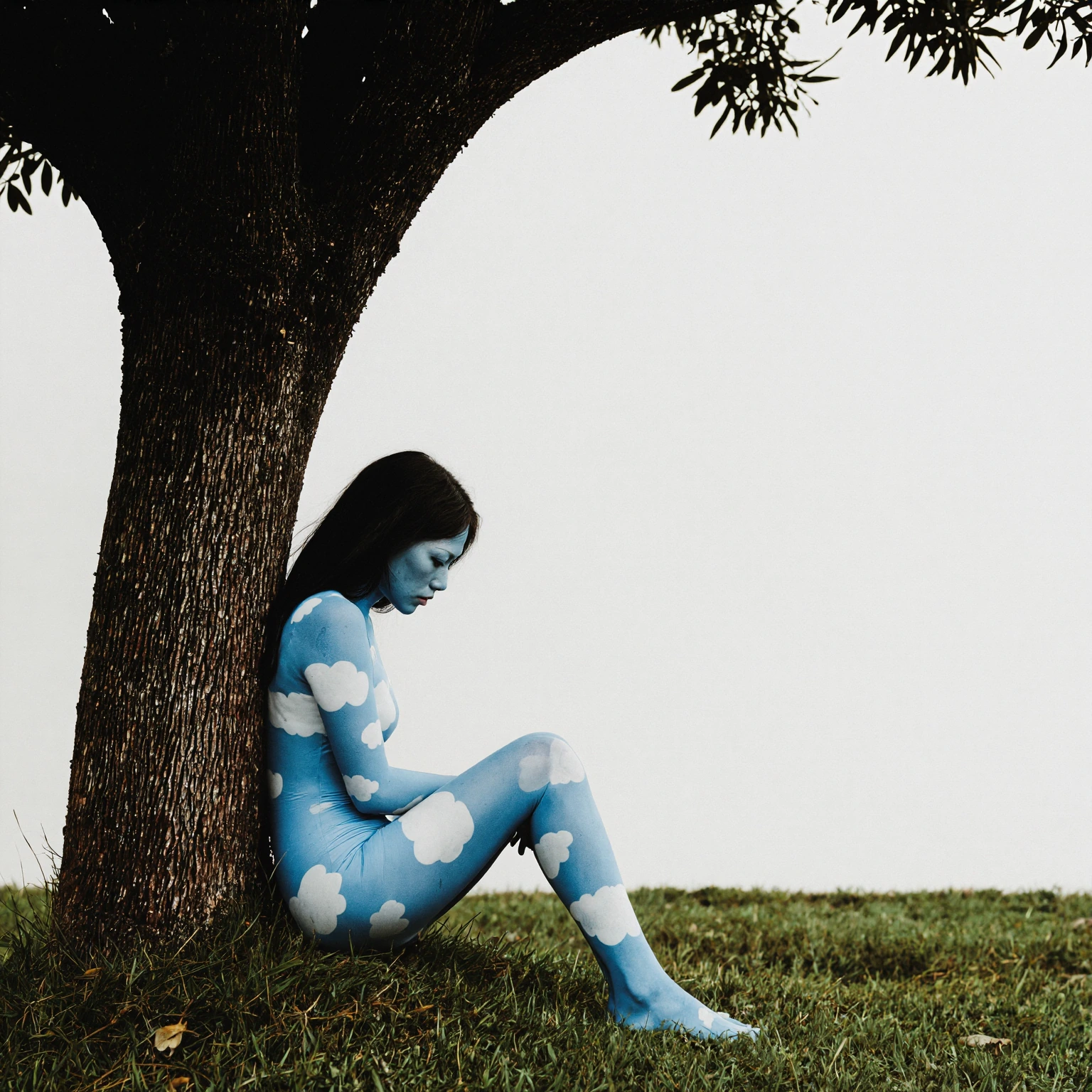 (Television background, sadako pale cloud blue skin woman with white cloud patterns on her skin. shes sitting under a tree where the bark of the tree 