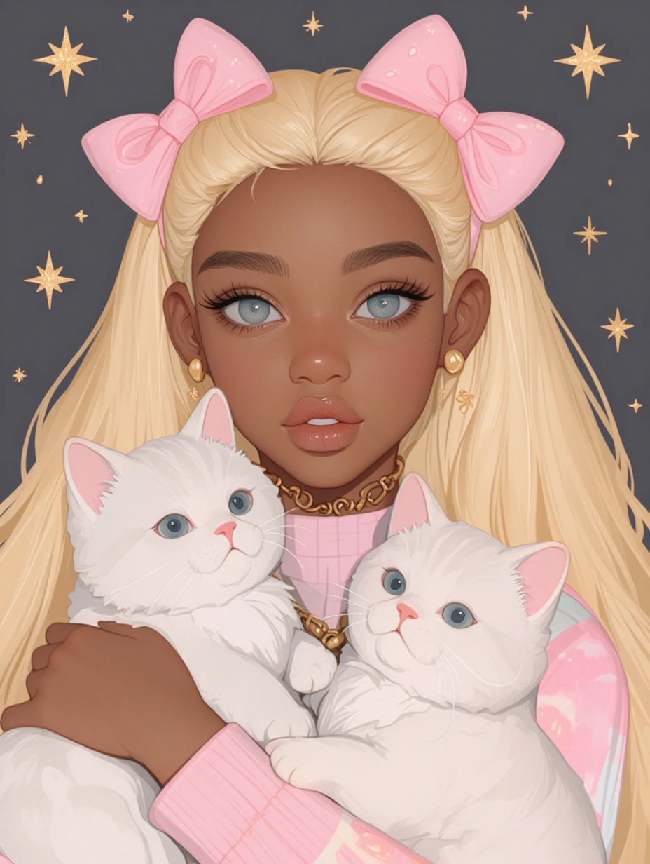 Flat illustration A beautiful African American woman with long blonde hair and blue eyes, wearing pink bows on her head, holding two baby cats in pastel colors, with a celestial background full of stars and moon, in a kawaii style, with soft lines an
