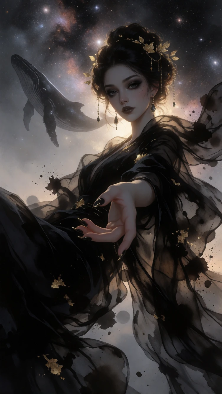 Highly detailed painterly gothic portrait of an ethereal woman reaching forward, three-quarter view, foreshortened hand in the foreground. Flowing translucent black robes like alcohol-ink washes, cracked kintsugi veins, gold leaf accents. Porcelain s