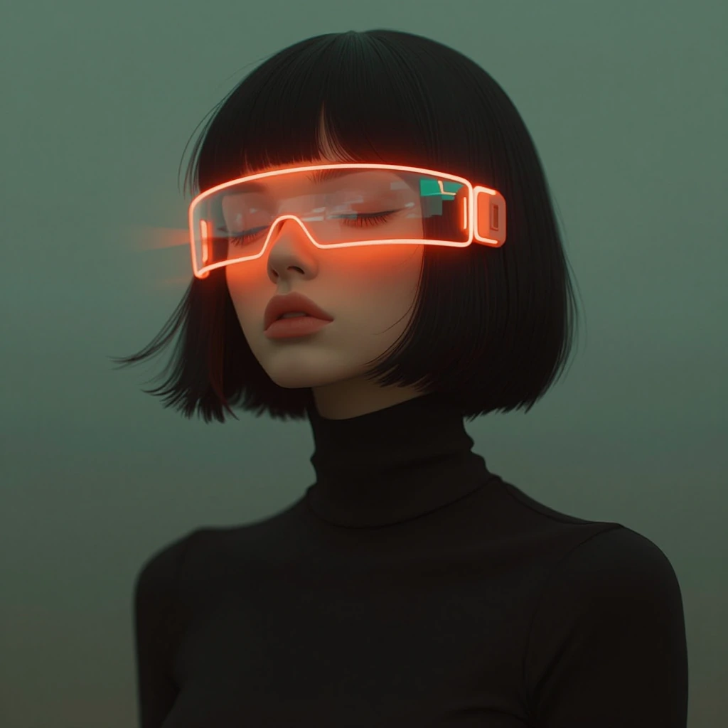 a woman with a sleek rounded black bob haircut with blunt bangs, wearing a form-fitting black turtleneck, face partially obscured by a futuristic wide