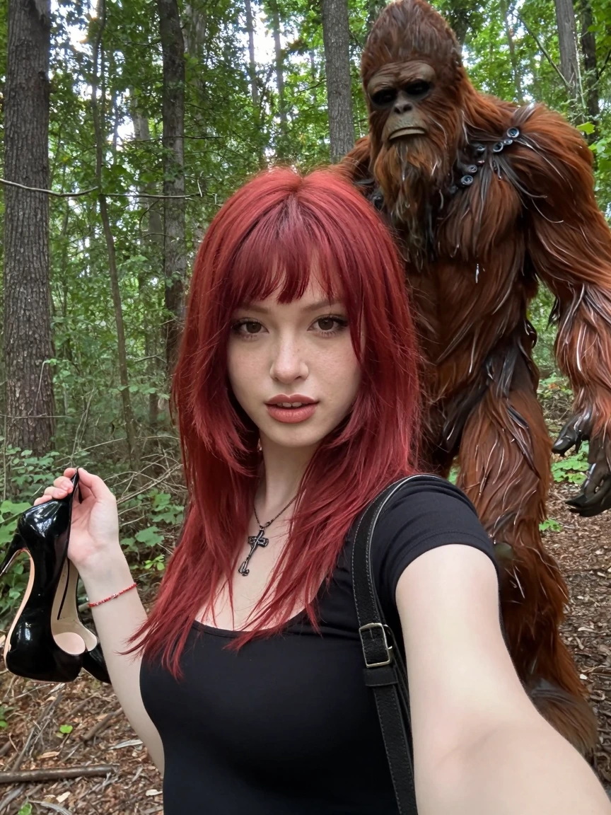 Crazy girlfriend red hair and bangs taking a selfie in the woods and getting photobombed by Bigfoot. She is holding her high heel shoes.