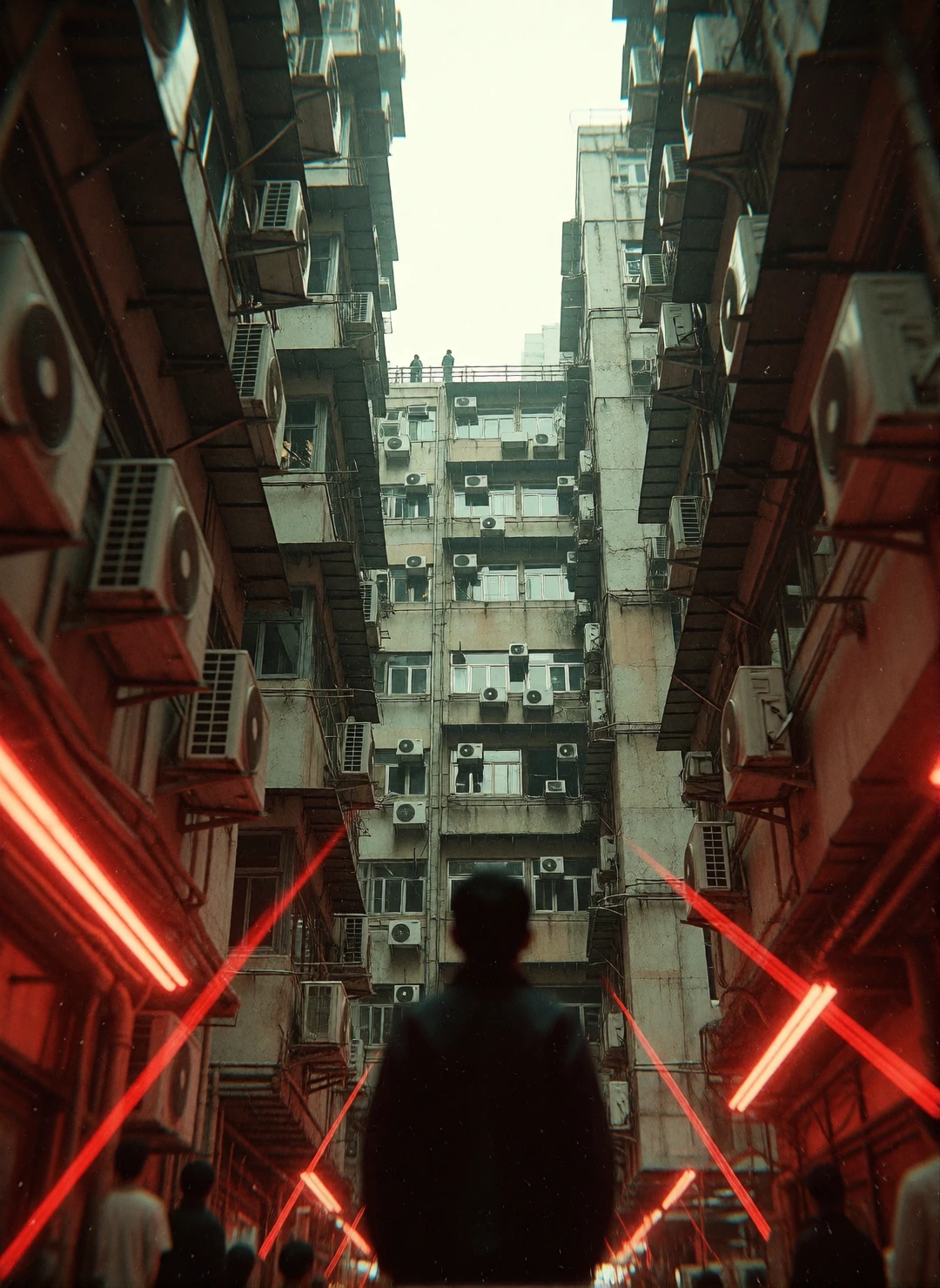 A low-angle perspective captures a narrow urban canyon flanked by towering, weathered concrete buildings densely packed with external air conditioning units, rusted pipes, and protruding balconies. In the immediate foreground, a dark, silhouetted hum