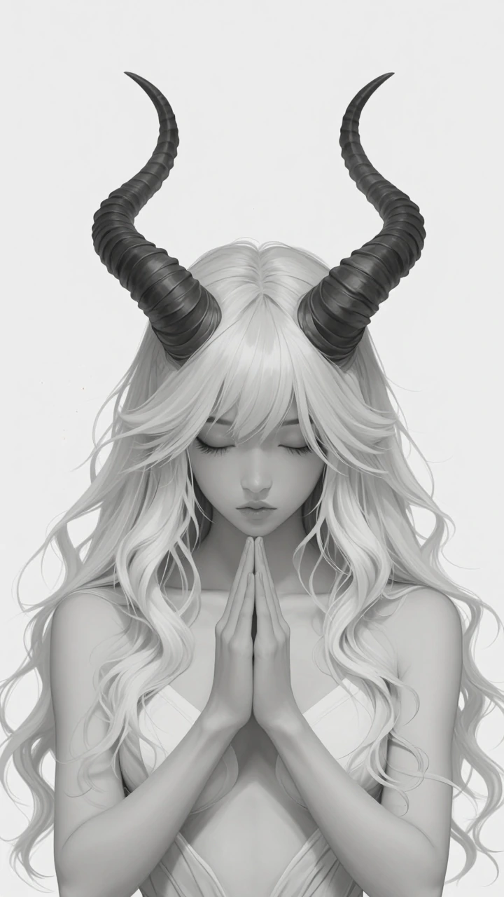 Monochromatic digital illustration of an ethereal fantasy character with long flowing wavy hair rendered in soft delicate linework, prominent dark curved horns emerging from the head contrasting against pale hair, eyes closed with a serene contemplat
