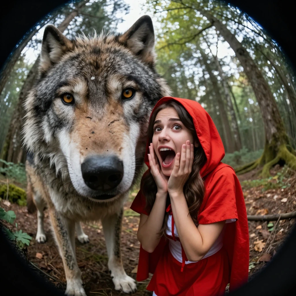 a brunette woman scared screaming dressed in costume as little Red Riding Hood next to a gigantic furry big-eyed Wolf, funny, forest background fish-e