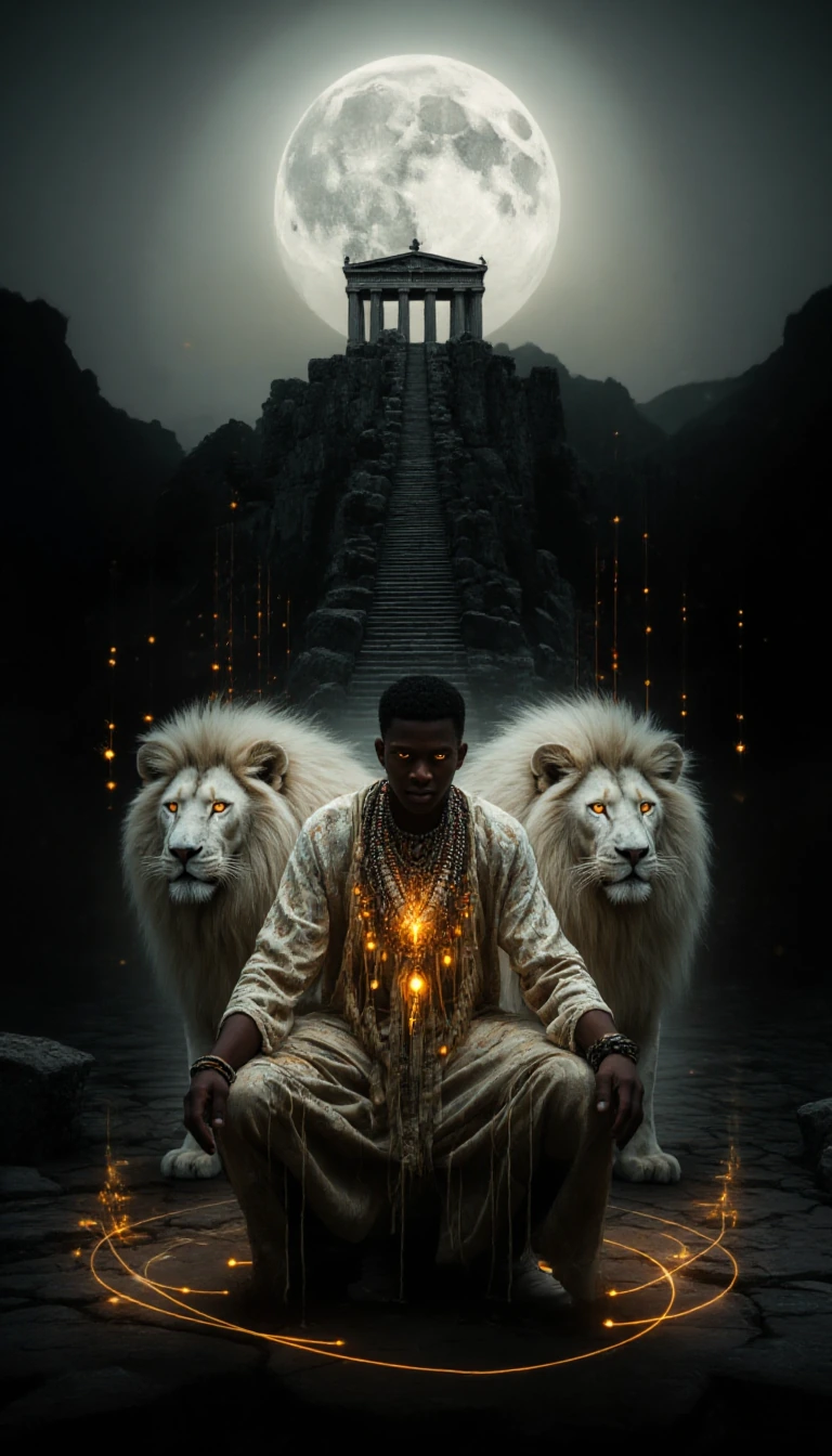 A cinematic and mystical photographic montage, rendered in a dramatic palette of greys. In the foreground, a young Black man strikes a powerful, grounded pose, slightly crouched, wearing a textured long-sleeved shirt in a light beige or off-white sha