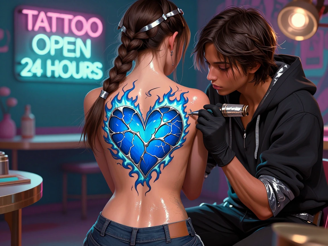 precise): "Highly detailed cinematic scene in a moody tattoo parlor at night. Beautiful young woman with long brunette hair in cute pigtail braids and shimmering silver metallic ribbon braided through her hair, sitting topless facing away from the ca