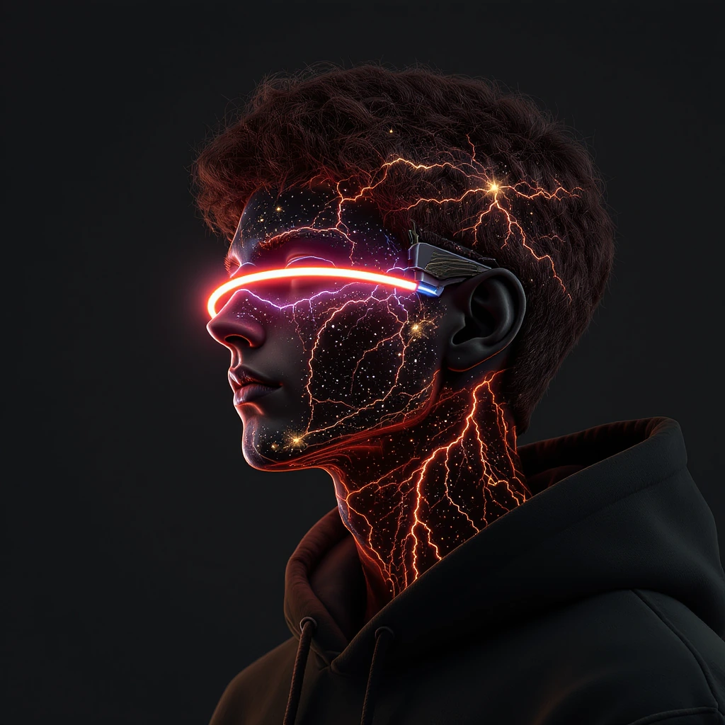 three-quarter profile bust of a young man with voluminous curly brown hair in a dark hoodie, his face and neck entirely replaced by a deep cosmic text