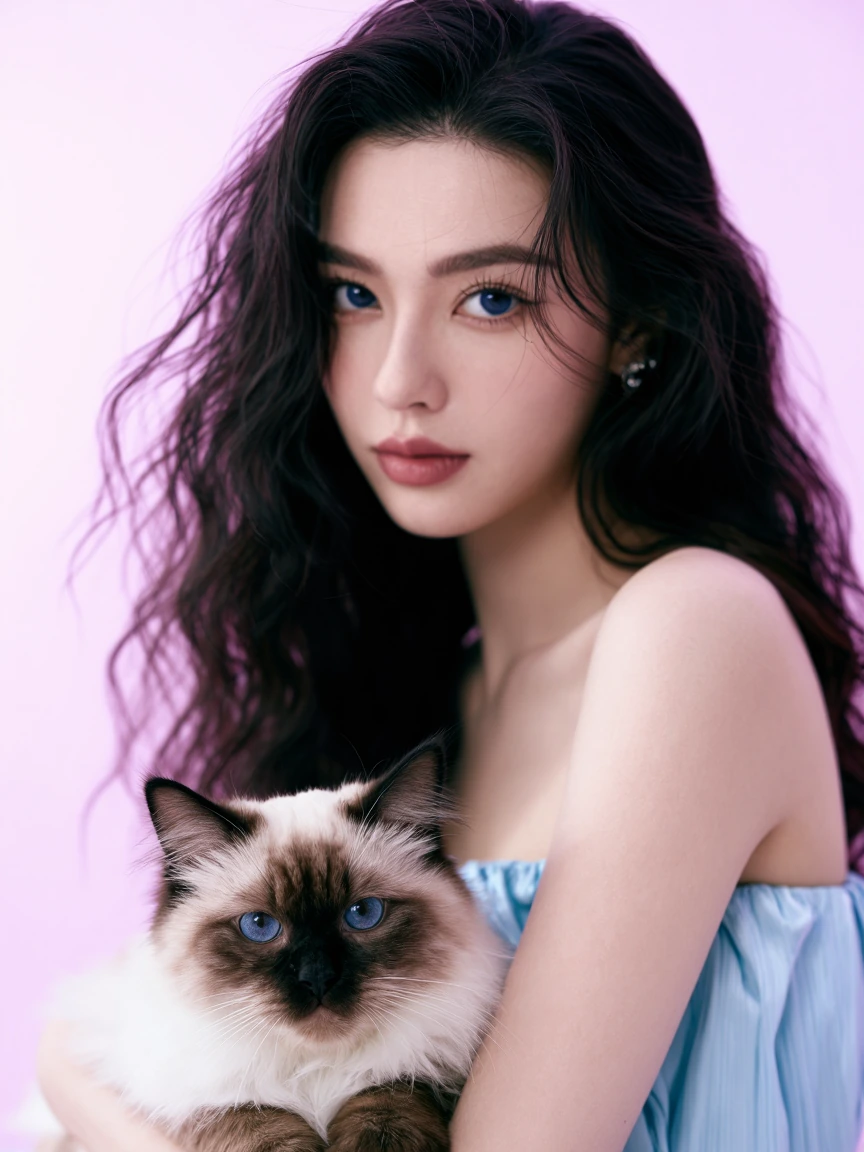 Beautiful woman with her cat, focus on lavender and pink