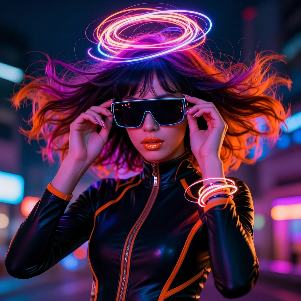 Professional photograph of a sleek figure with heavy shadows obscures face, flowing hair, rectangular black and orange shades, illuminated by vibrant 