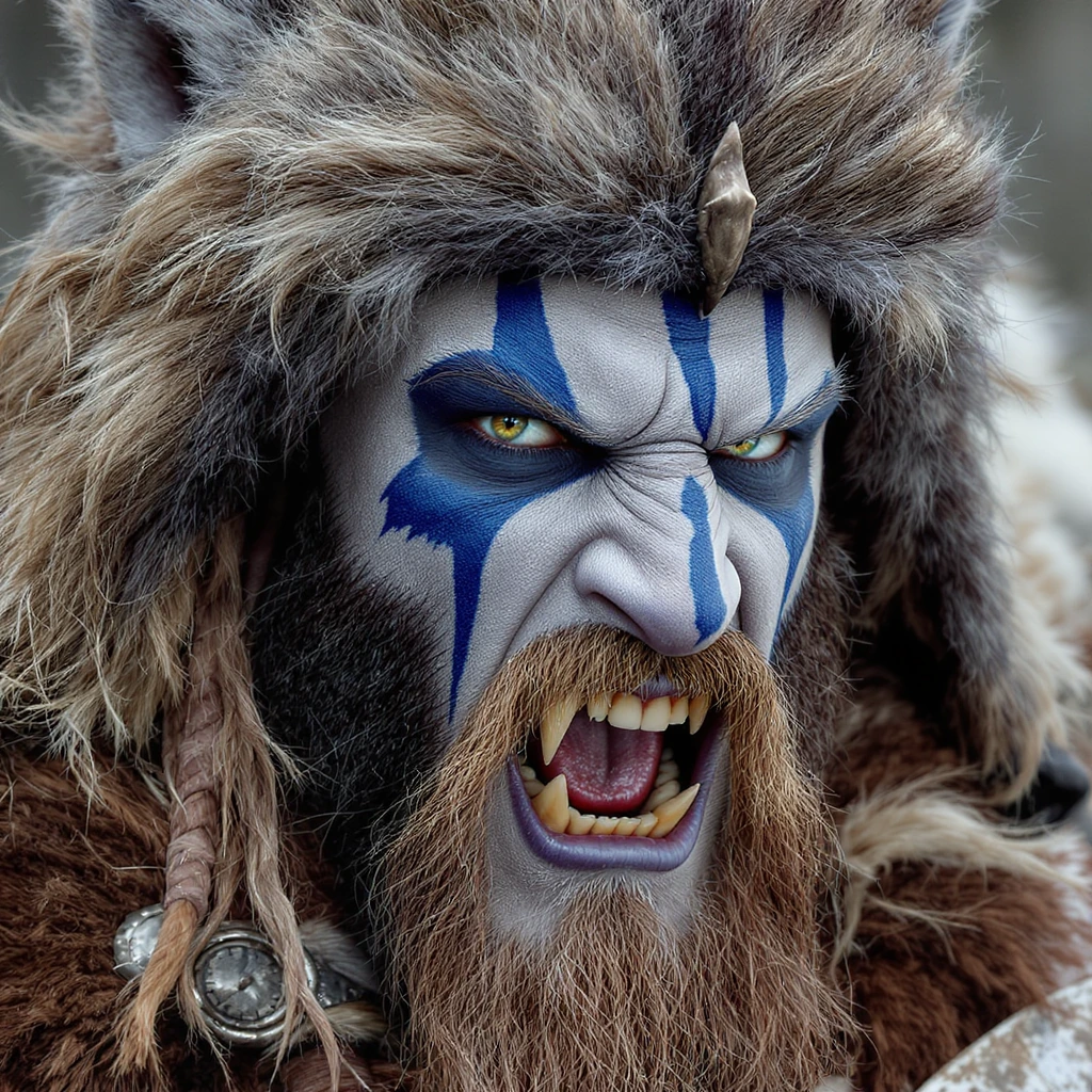 Show this elite viking warrior wearing a wolf pelt and viking war paint. Hyper detailed. Hyper Realistic. It's snowing. Make sure the wolf pelt on his head look more like a wolf head, with a wolf snout and pointy wolf ears.