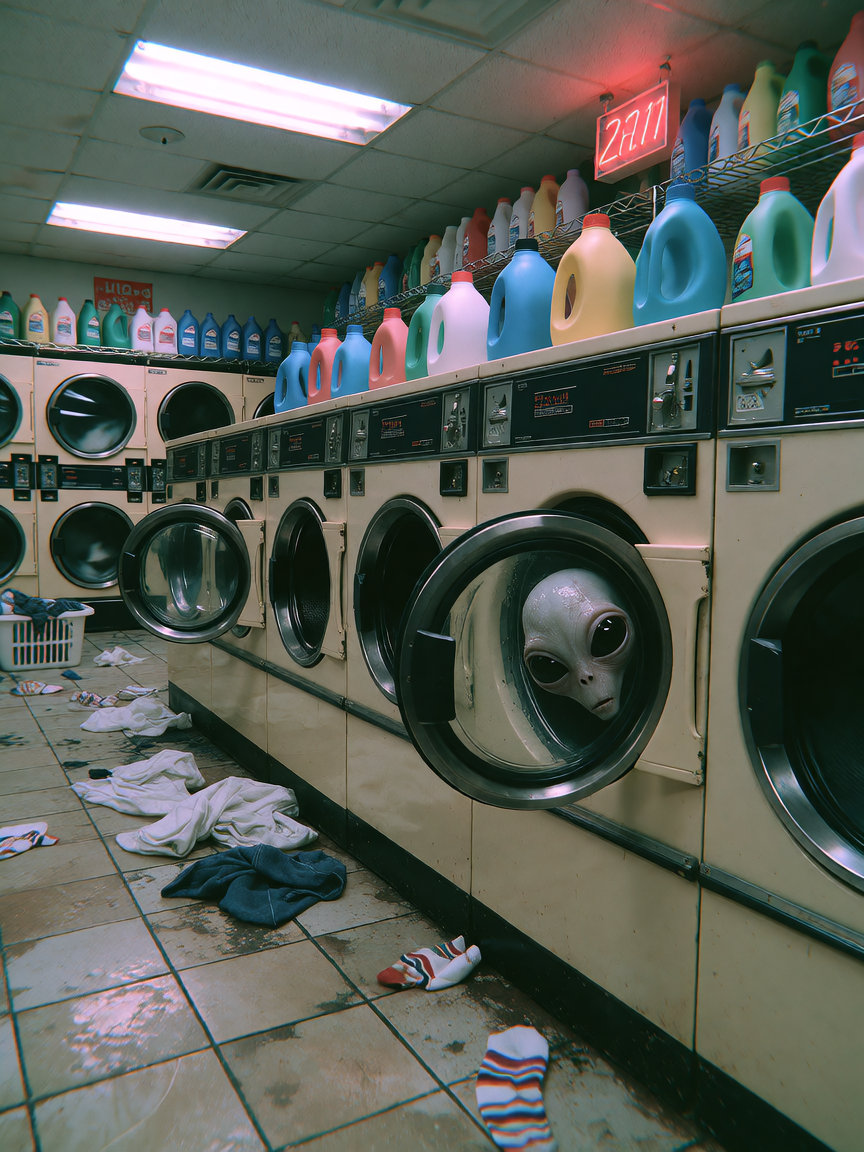 Hyper-detailed, slightly surreal laundromat scene. Rows of humming washing machines under flickering fluorescent lights, scuffed tile floors, detergent bottles stacked on metal shelves. One washing machine door is half-open, and an alien head peeks o