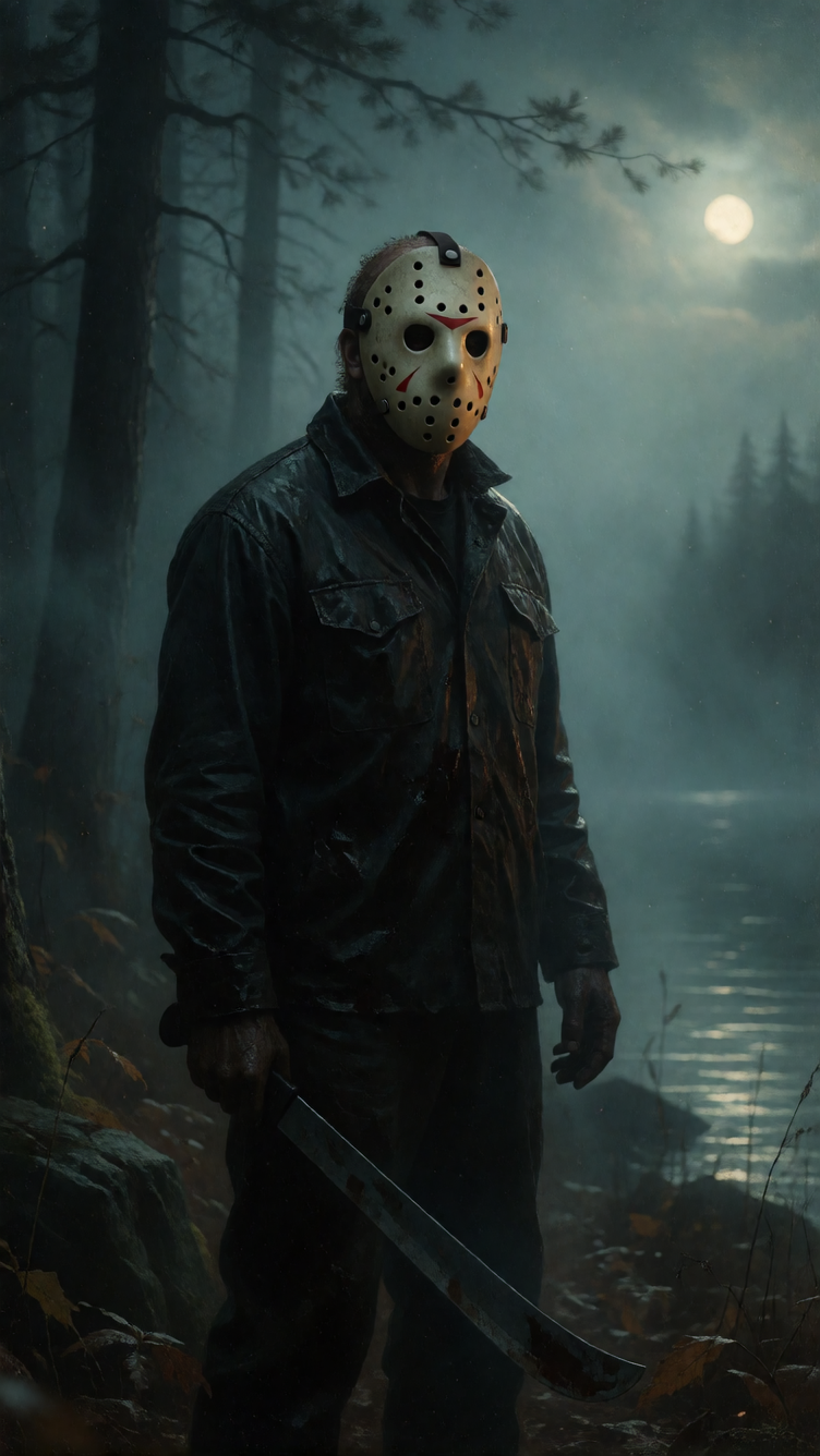 Create a Romanticism oil painting of Jason Voorhees. He is a brooding, Byronic figure, shirtless and muscular, standing in a misty forest. His hockey