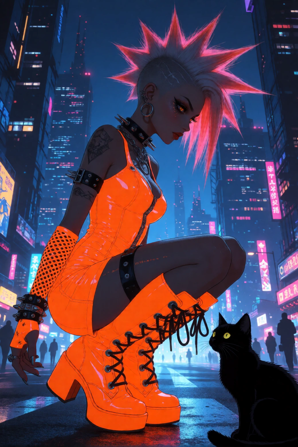 Neon orange punk woman with her cat, cyberpunk city at night. Neon orange, mini dress and boots.