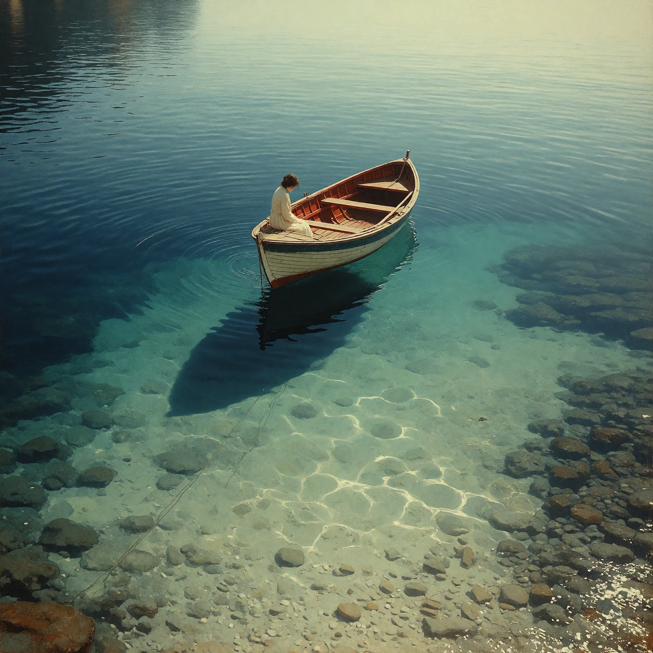 A quiet high-angle view over clear deep-blue coastal water, with a single small wooden rowboat floating alone above the visible shallow seabed. The main focal point is the boat, placed slightly off-center near the golden-ratio point, carrying one qui