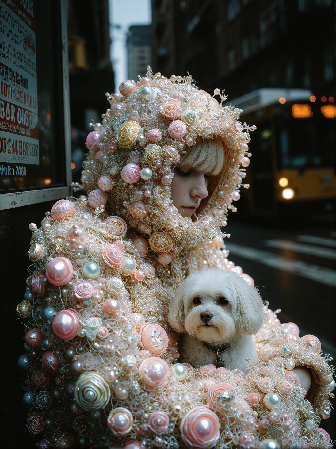 Dreamy pastel fantasy, soft glowing colors, candylike textures, gentle lighting, and a magical dreamlike atmosphere. A woman and Maltese at a bus stop