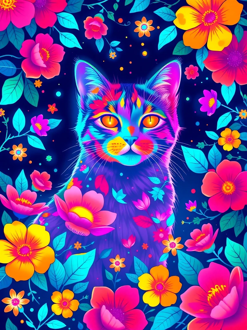 Cat surrounded by flowers, flat illustration, ink outline, colorful fluorescent luminism