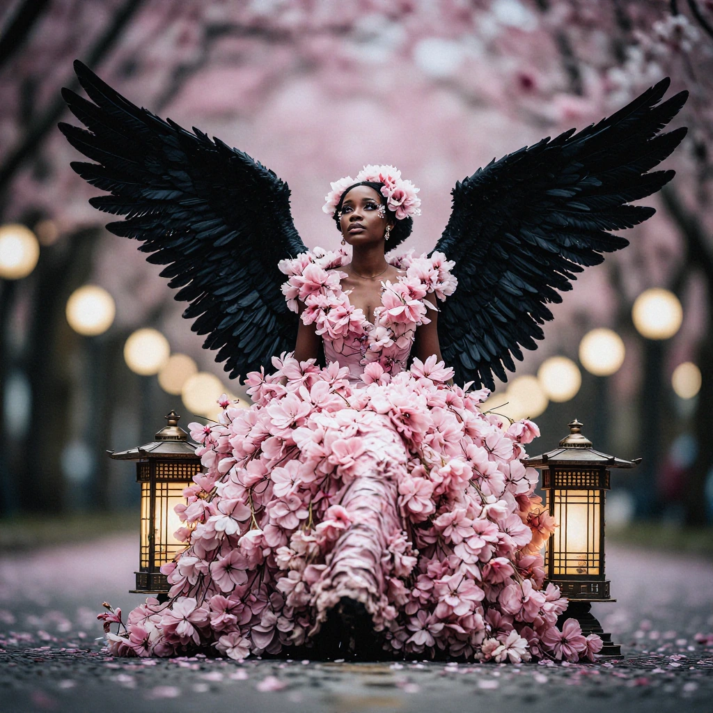 A high-end cinematic portrait of a stunning and majestic Senegalese woman, dressed in a voluminous gown adorned with a profusion of pink cherry blosso