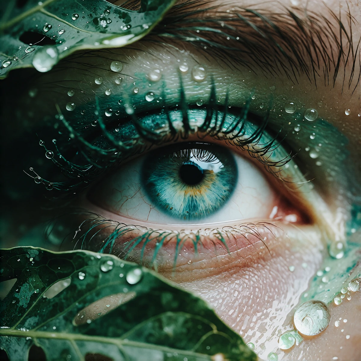 Color Palette: Analogous Emerald, jade, turquoise Extreme macro portrait showing only one human eye partially concealed beneath enormous tropical leaves. Tiny droplets cling to eyelashes, reflecting miniature rainforest landscapes. The iris glows wit