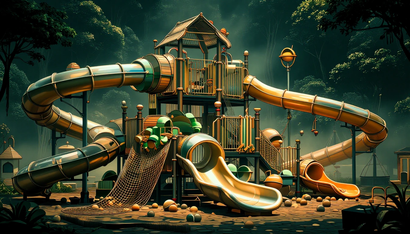 Giant Crazy playground slide that twists and turns many times, has tubes, open slide, ball pits, cargo nets.