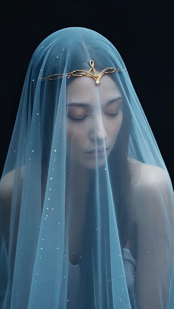 This is a photograph of a pale-skinned, woman individual with a delicate, ethereal appearance. They are wearing a sheer, light blue veil adorned with tiny, sparkling white dots, which covers their head and flows down to their shoulders. The veil has
