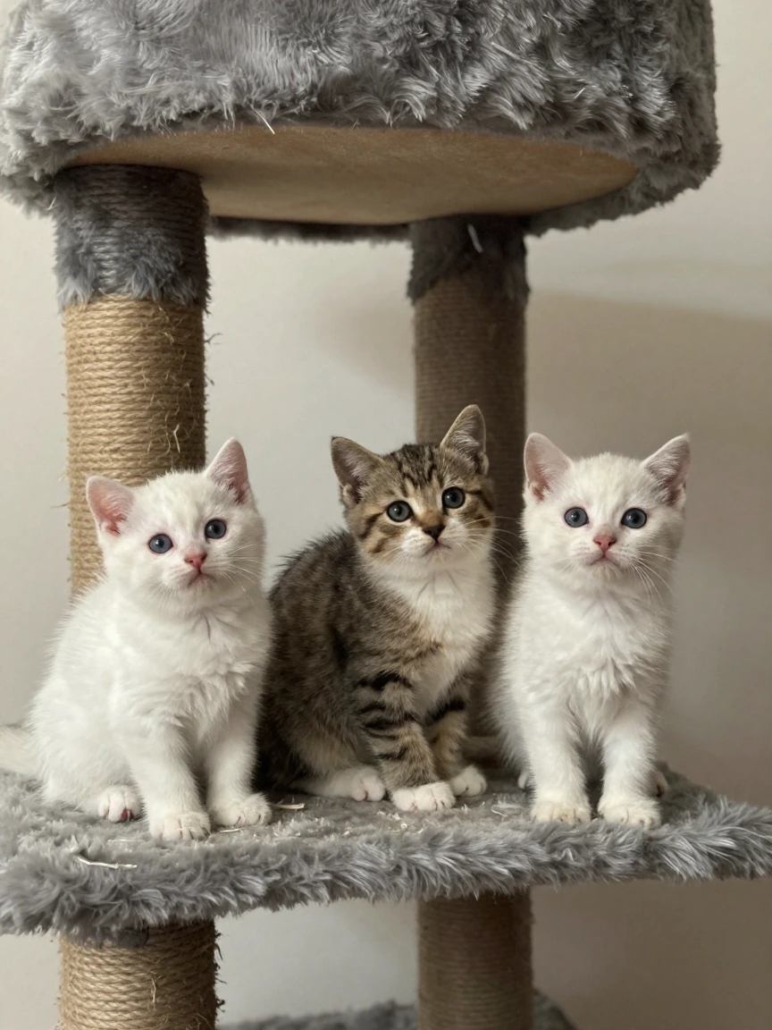 Tiny kittens on a gray cat tree, amateur photography. Relaxed poses. Totally natural.