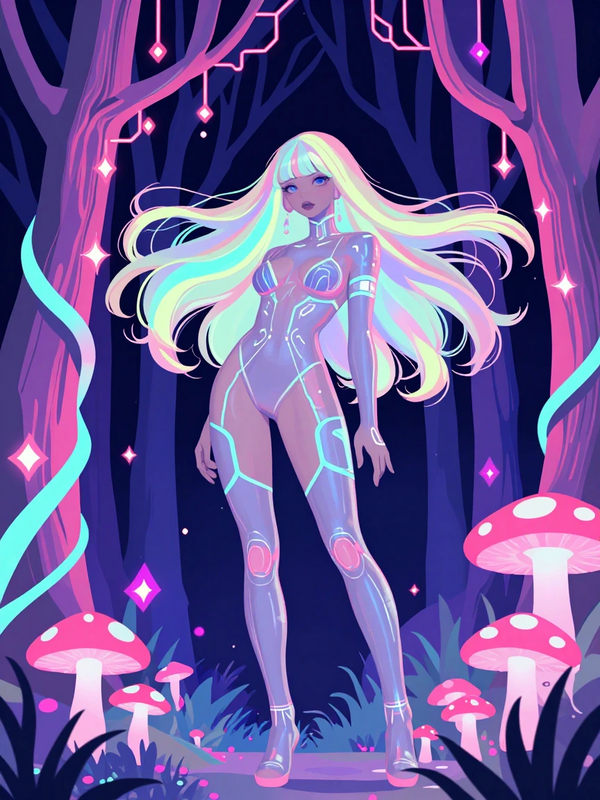 illustration, digital painting, anime-inspired art style, sexy cybergoth woman with long rainbow pastel holographic hair flowing dynamically, standing in a neon-drenched fantasy forest at night, trees rendered with glowing circuit-like vines in elect