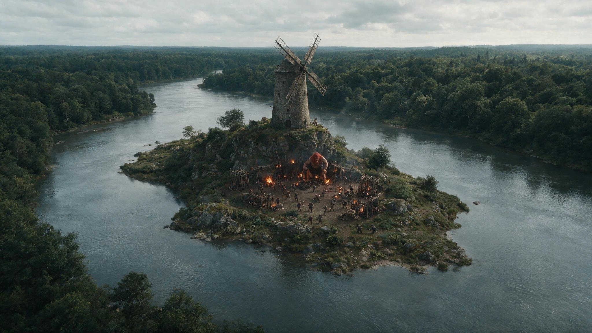 An aerial view of an island in the middle of a wide river surrounded by European forest. A high stone windmill stands upon the island clifftop. An encampment of Ghouls centred upon a Red Haired Giant Cannibal. Kidnapped people are held in wooden cage