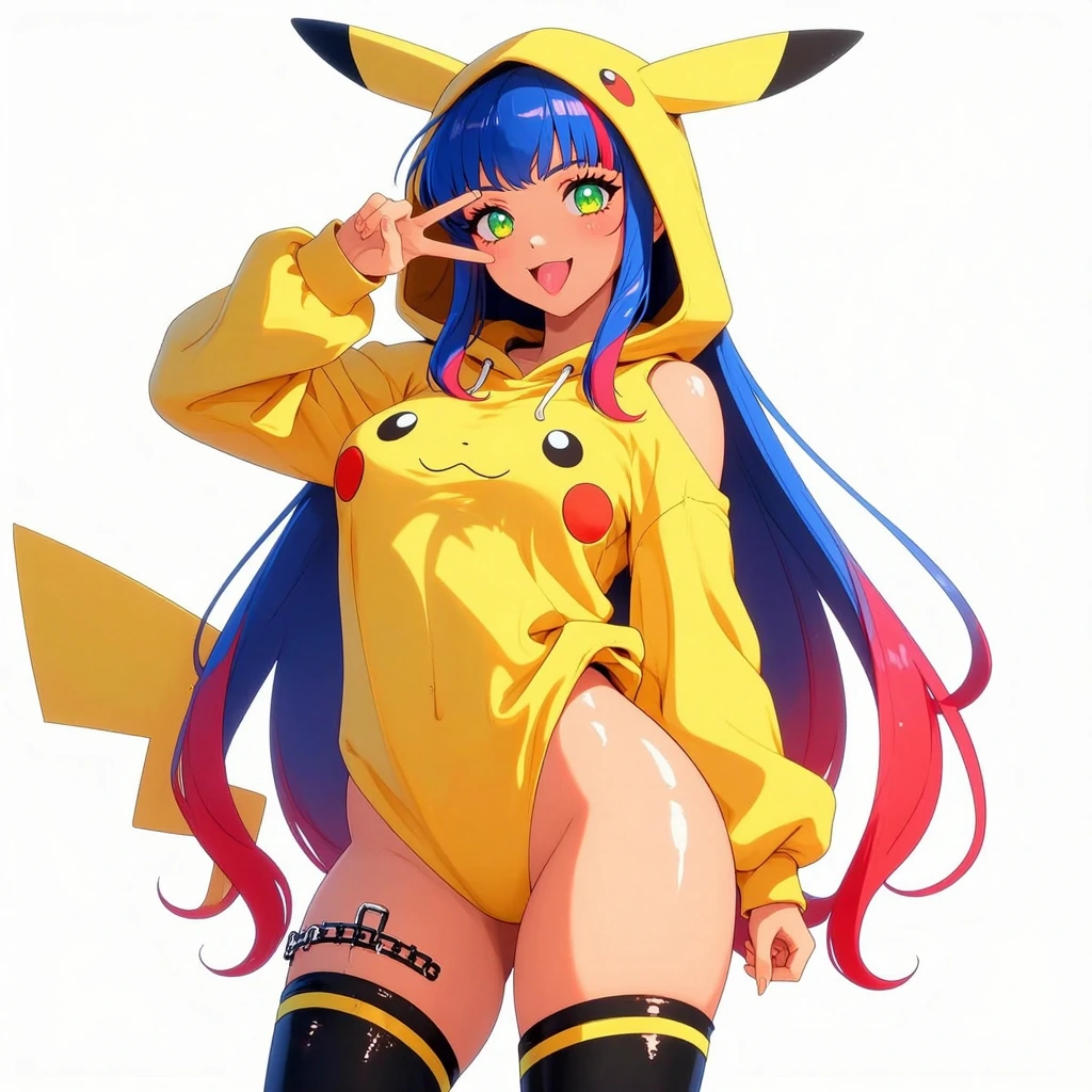 Masterpiece, best quality, ultra-detailed 8K 3D anime illustration, clean bright lighting. Iris: beautiful 35-year-old woman with long flowing hair (vibrant blue base with bright pink/red highlights), large expressive glowing green eyes, flawless fai