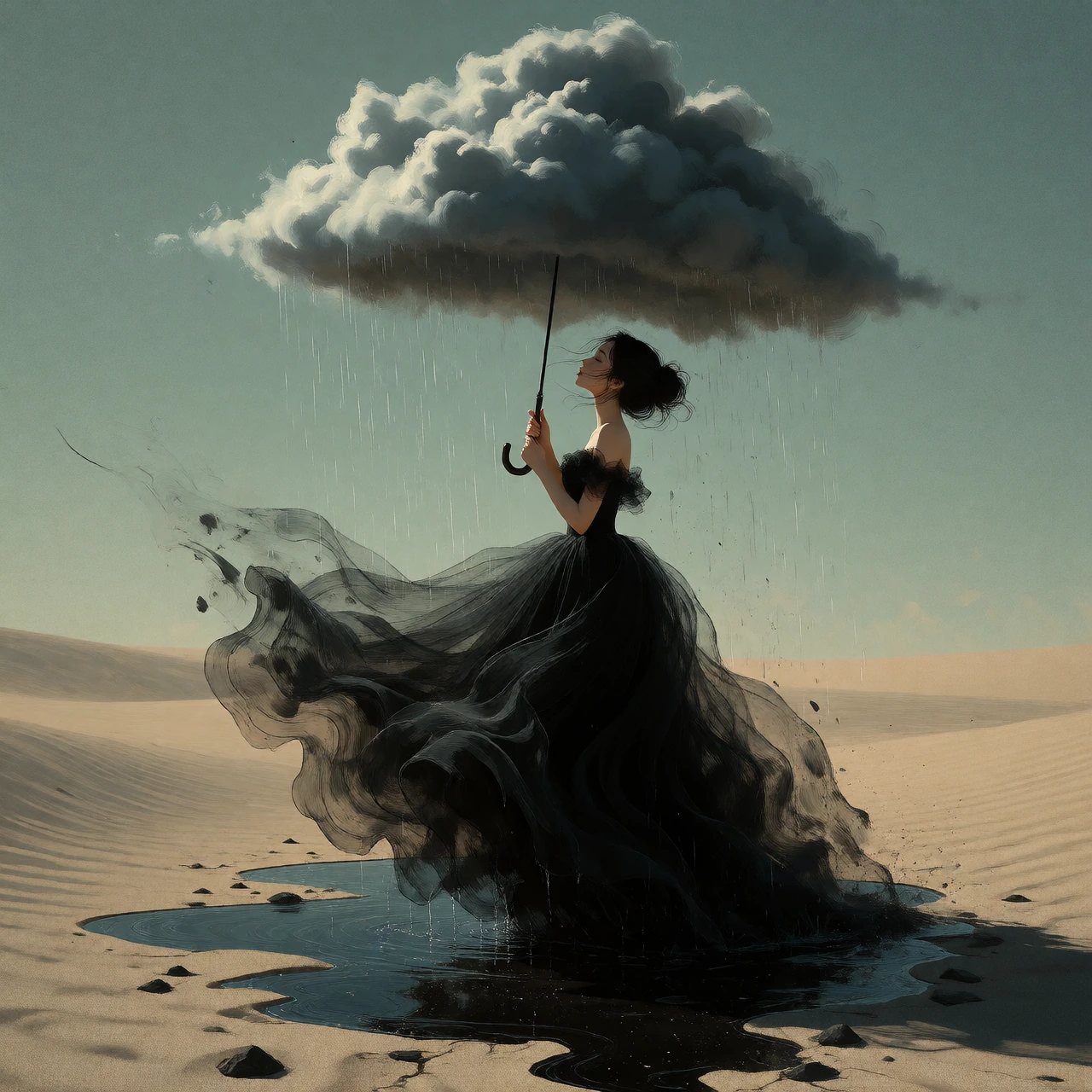 Surreal digital painting of a graceful East Asian woman with dark hair in a loose bun, standing in a desolate, sandy wasteland under a vast, muted sky. She is wearing an elegant, floor-length black tulle gown with a full, flowing skirt that ripples a
