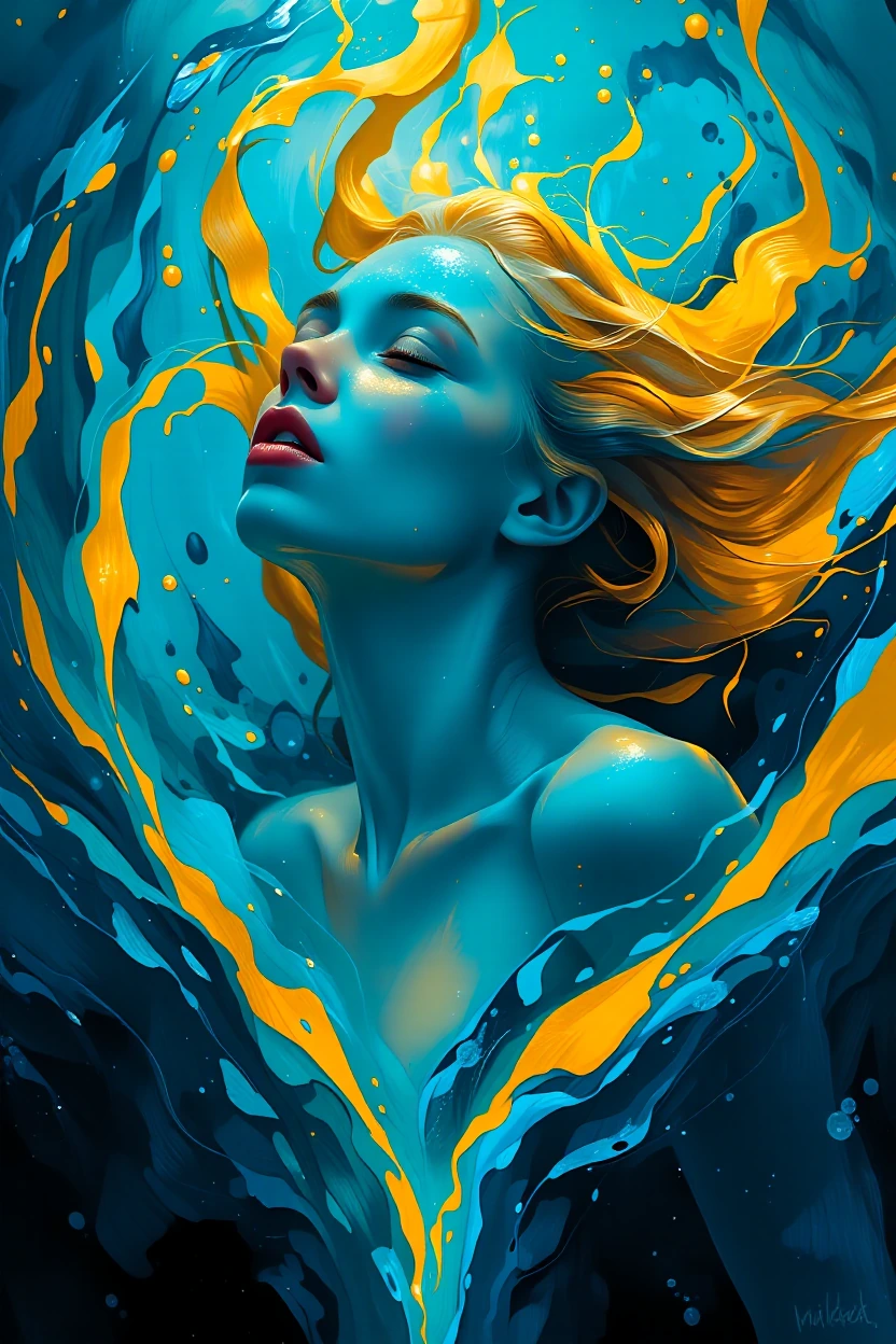 Woman ascending through deep ocean, face tilted upward with closed eyes, golden hair flowing like suspended silk strands catching bioluminescent light from within her own skin. Painted in the style of classical underwater mythology—soft impressionist