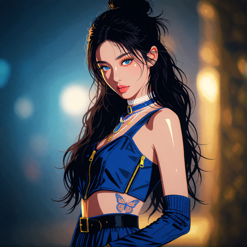 A striking portrait of a single woman with long black wavy hair styled in a messy bun, wispy sidelocks framing her face, luminous blue eyes with hair 