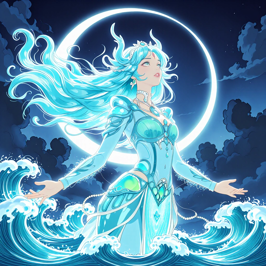 Celestial Sea Goddess A ethereal maiden emerges from turbulent ocean waves, her braided hair flowing in cosmic winds. A luminous crescent moon haloes her head, casting an otherworldly glow across storm-darkened skies. Her intricate armor gleams with 