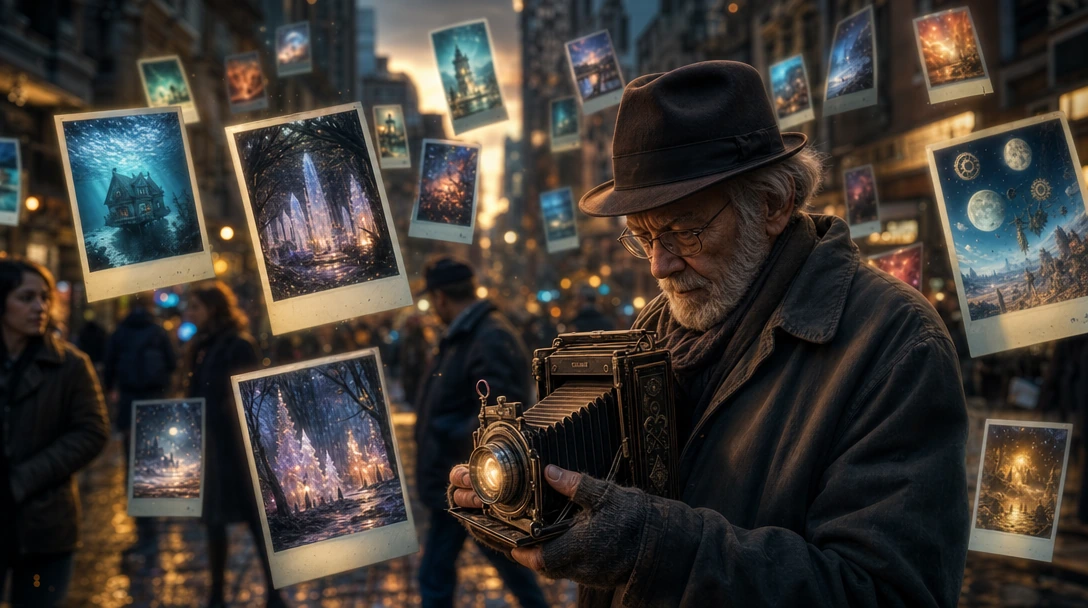 An elderly street photographer in a crowded city street holds an ornate vintage bellows camera, its lens glowing faintly. Around him, dozens of Polaroid-sized photographs float suspended at various heights—each one a luminous window into a different 