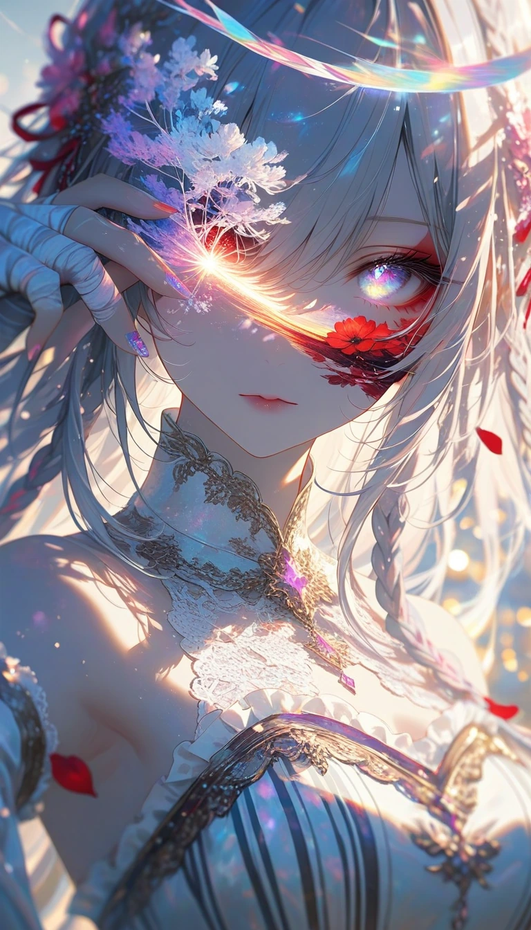 beautiful elegant woman, solo bust portrait, ethereal luminescence with dramatic lens flare and floating light particles, golden light rays streaming across composition, very long flowing white and grey hair with twin elaborate braids and delicate si