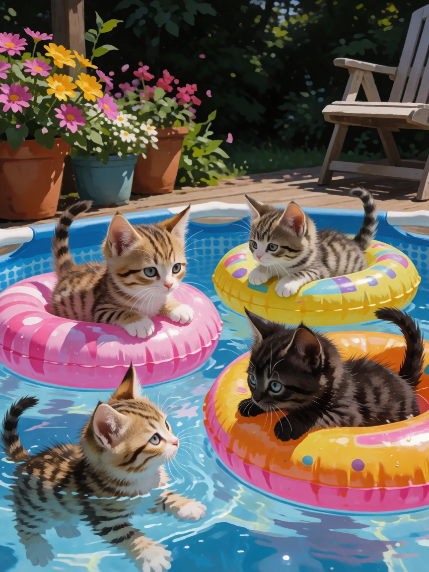 Amateur photo Cutest kittens playing around pool floats on a back deck. Flowers