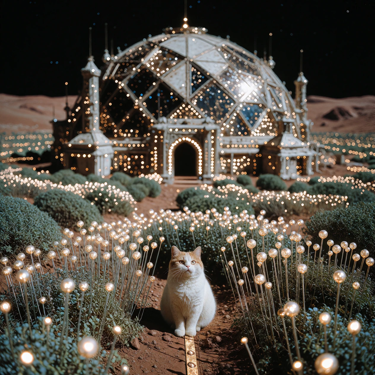a field of antennae listening for one voice, on Mars surrounding a beautiful domed city. Amateur photo. Add a cat. Comfy pastels