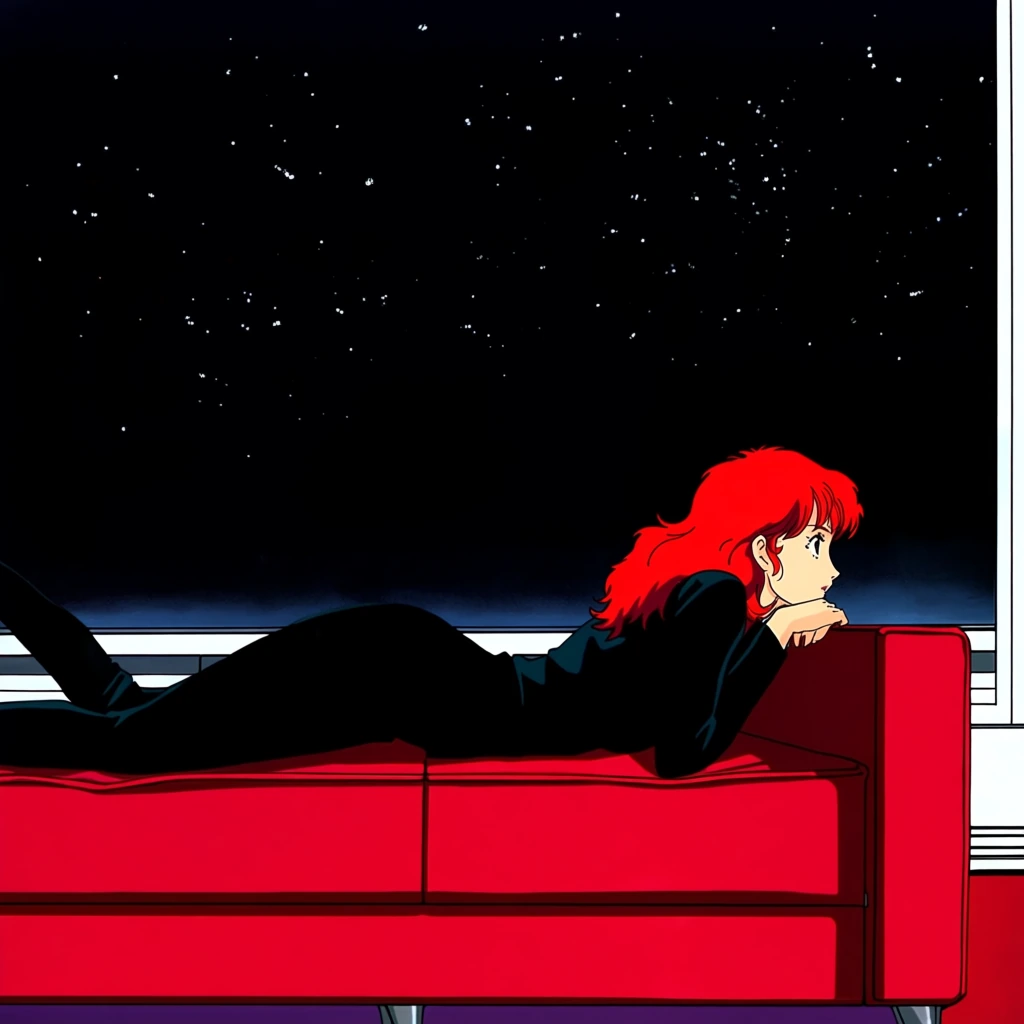 the image features a woman with red hair lying on her stomach in a red couch or chair. She is wearing a black outfit that contrasts with the dark back