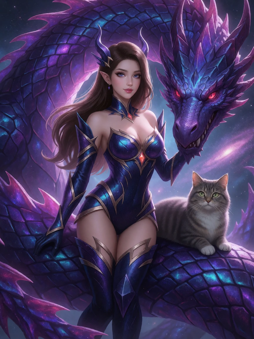 Beautiful galaxy dragon rider with her dragon and her cat, dragoncore realistic