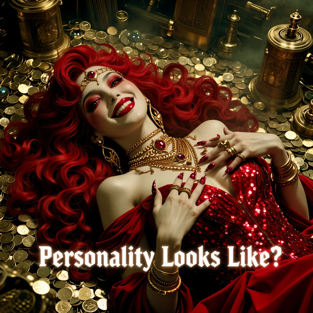 Split Screen: A troll on one side and A beautiful woman with layered necklace, many gold rings, earrings, voluminous ultra-long Racing car red curls cascading over alabaster shoulders smirks coyly, tracing gaudy ruby glitter encrusted nails across he