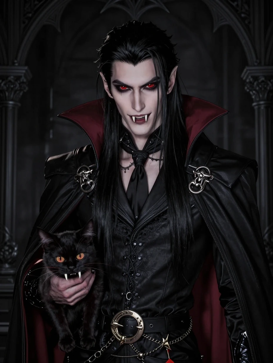 Gorgeous vampire man in Final Fantasy style, long flowing hair, prominent fangs, striking red eyes, standing with his vampire cat companion, prominent fangs, black gothic background