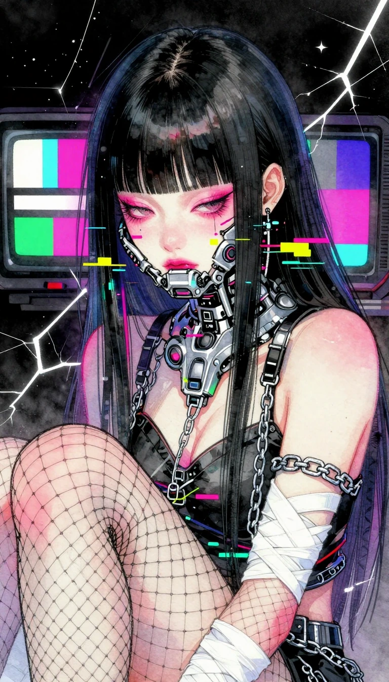 # Digital Cyberpunk Portrait A striking digital artwork depicts a pale-skinned figure with voluminous black hair and blunt bangs, eyes downcast with p