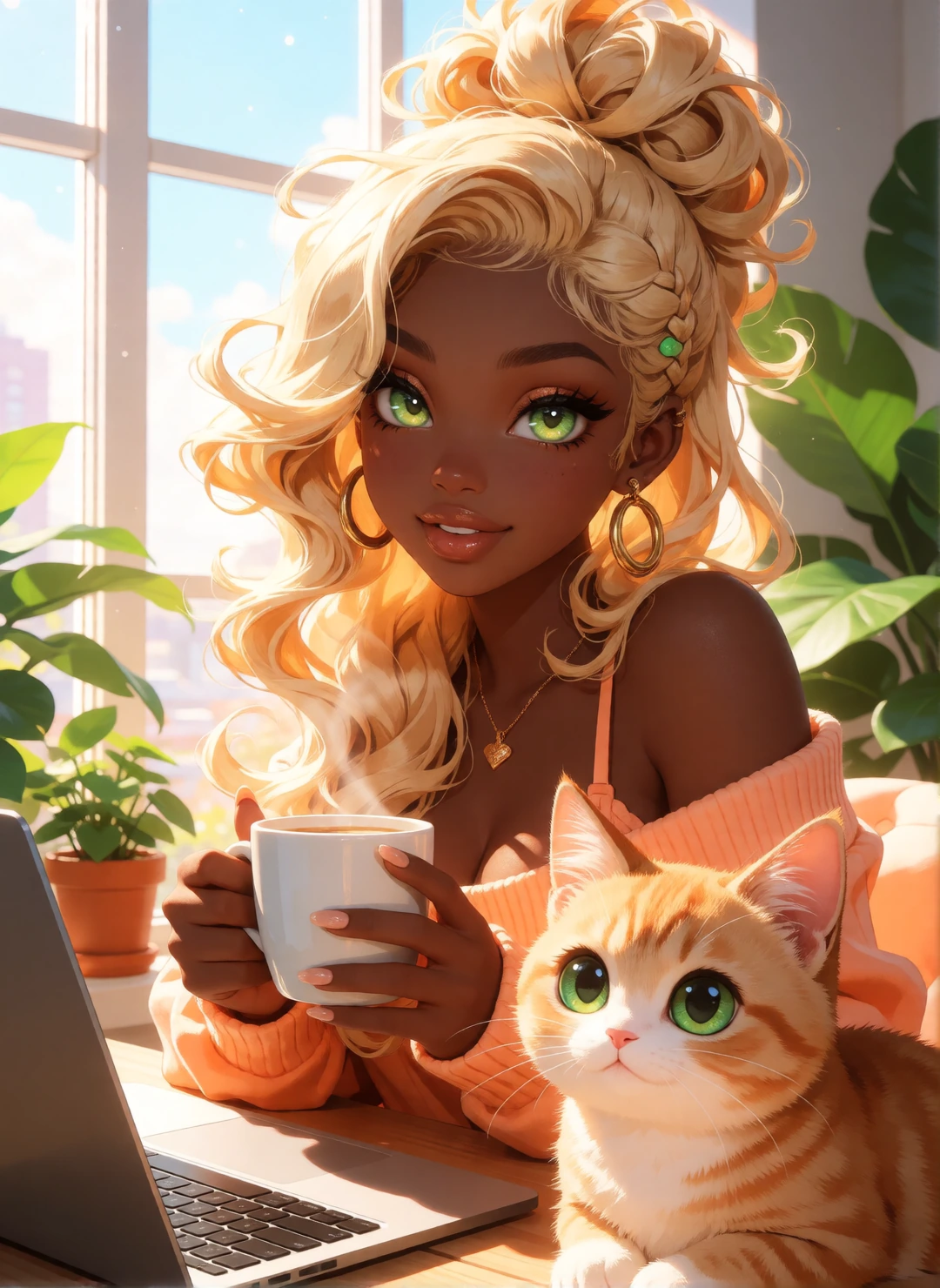 beautiful blonde African American woman in the morning with her cat. Coffee , laptop, plants. bright green eyes, in the style of high dynamic range, kawaii art, light orange and light bronze, animated illustrations, daz3d, realistic