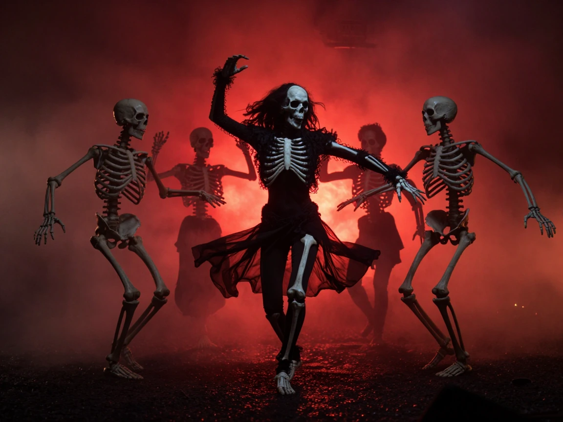 Dance macabre, skeletons dancing, background is hell