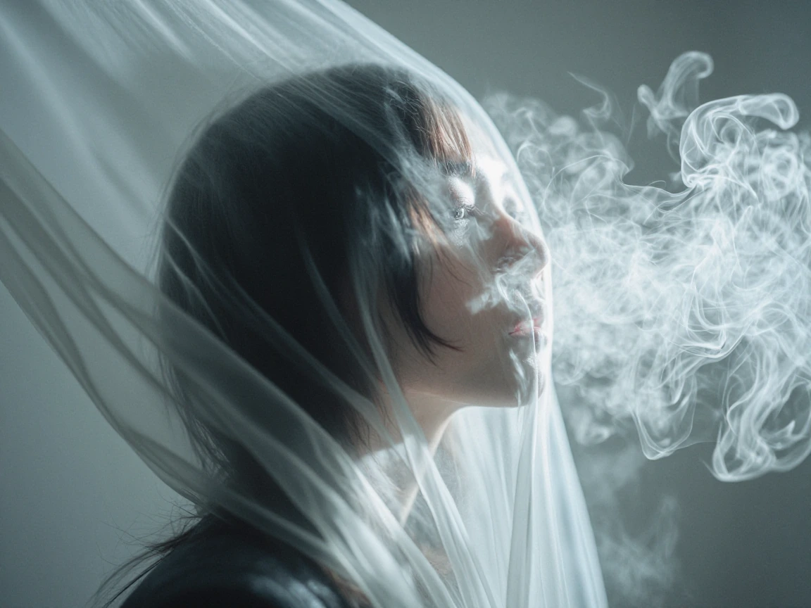 A woman's face emerging from and dissolving into swirling smoke and mist, captured mid-gust—her features formed by flowing currents of pale gray and white vapor, eyes dark and knowing, mouth slightly open as if exhaling. Shot through gauze or translu