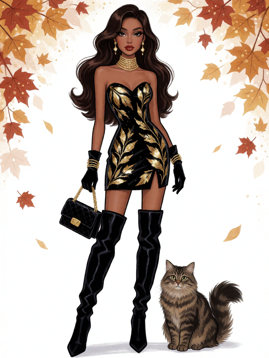 Beautiful fashion illustration of a woman in glamorous fall attire, glamour mini dress and boots. Gold and black leaf designs. With a cat of course.