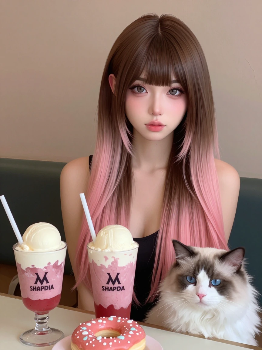 Woman, long straight, brown pink ombre hair with bangs, with a cat at a cafΓ©, fancy drinks, ice cream, and donuts