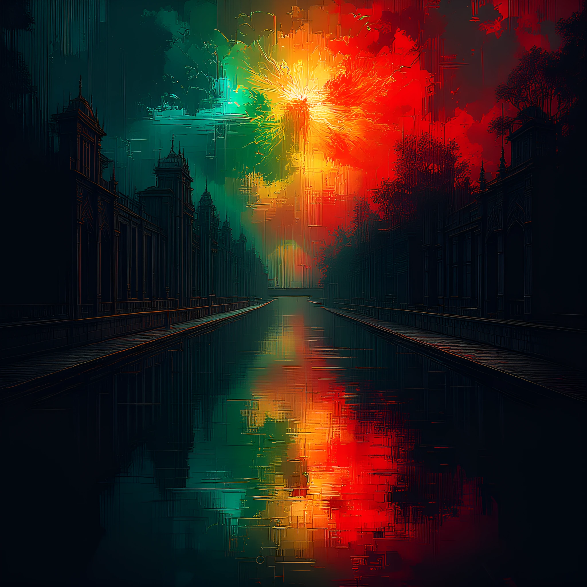 A symmetrical, atmospheric photograph looking down a narrow Parisian canal at twilight, flanked by dark, ornate Haussmann-style buildings that fill the frame on both sides, and centered by the calm water. The canal surface is a mirror, reflecting an 