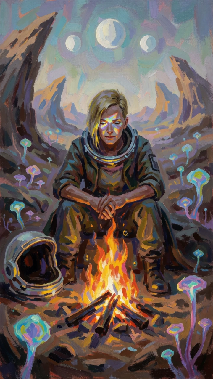 Raw expressionist painting, Matt Sesow style: astronaut with blonde cropped hair sits transfixed by a campfire casting impossible prismatic light across her weathered face—helmet discarded in the dust. Her eyes hold the exact moment of landing: a bre